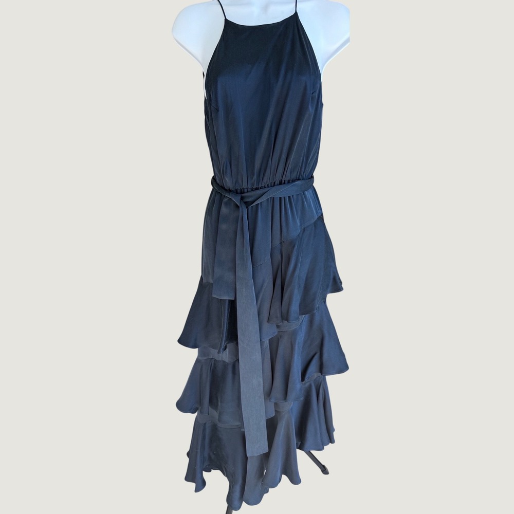 Zimmermann Silk Halter Maxi‎ Dress Tiered Ruffle Tie Waist Navy Formal Event